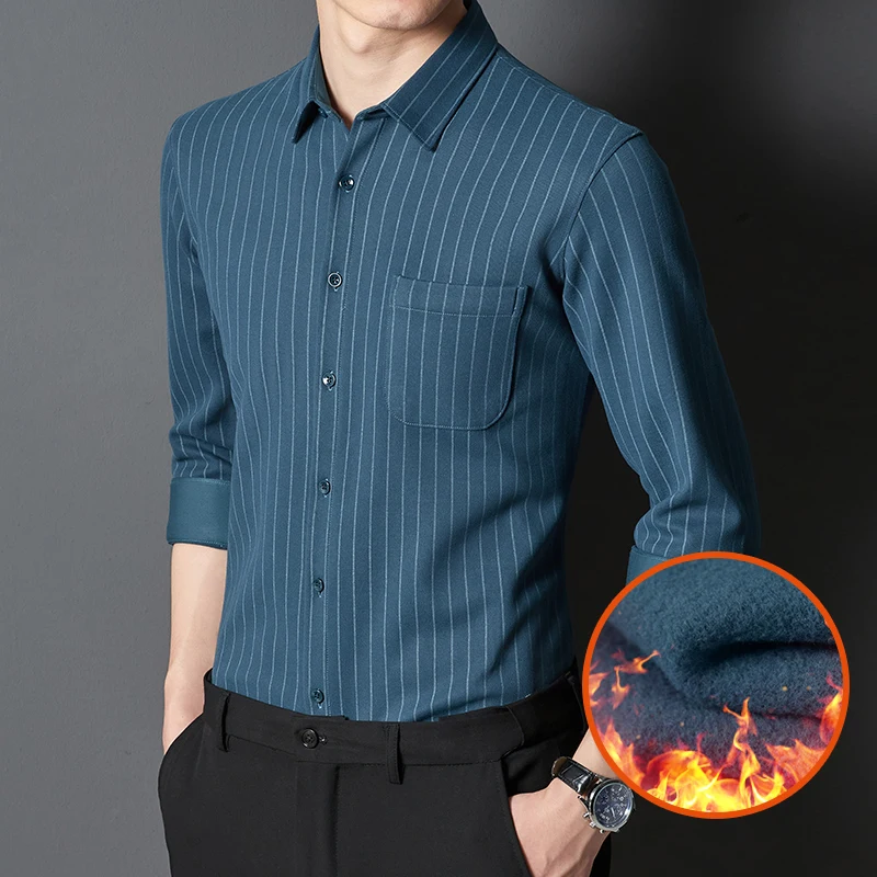New Men's Thick Velvet Dress Shirt Shirts Winter Autumn Long Sleeve Stretch Soft Solid Striped Fleece Lining Slim Brushed Shirt
