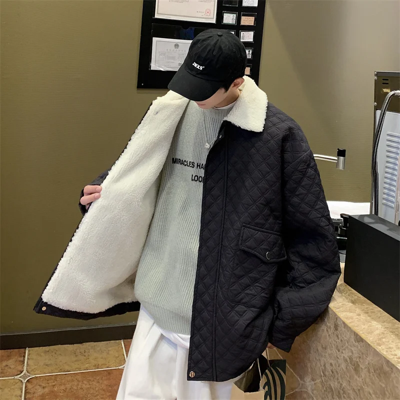 Winter Jacket Men Warm Fashion Retro Plaid Thickened Lamb Wool Jacket Men Korean Loose Thick Short Coat Mens Parker Clothes