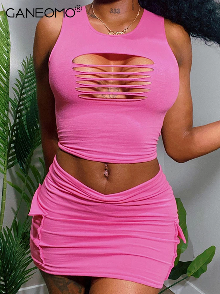 

Cut Out Crop Top Tank T Shirt Mini Skirts 2 Pieces Matching Sets Summer Holiday Women 2022 Sexy Fashion Beach Vacation Outfits