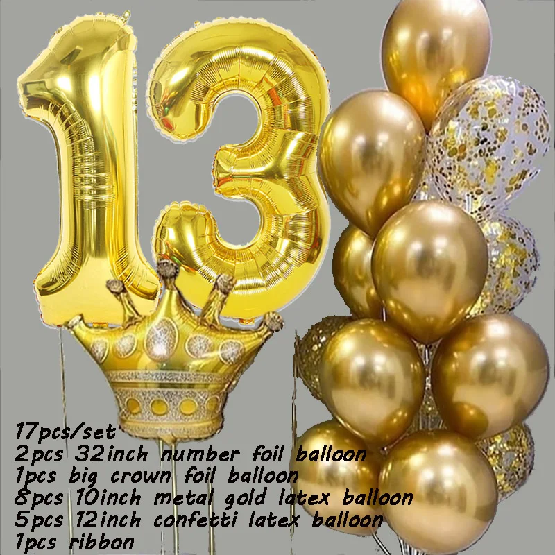 17pcs/set Kids 12 13 14 15 Years Old Girls Birthday Decor Balloon Gold Crown 32inch Number Foil Balloons Adult Parti Balls - купить по