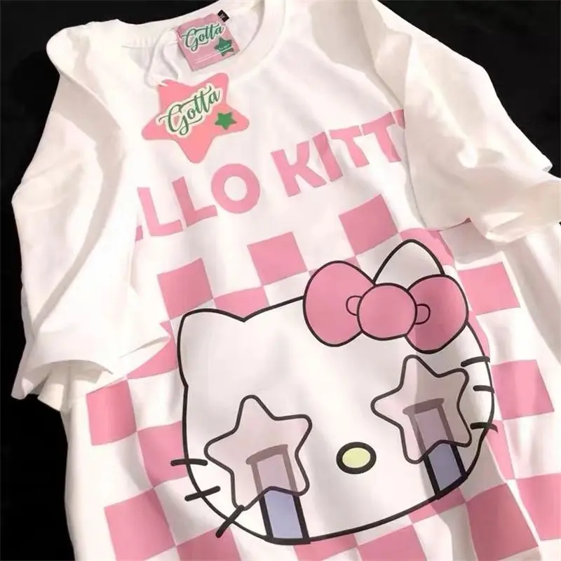 

Kawaii Sanrios Hello Kitty Cotton Retro Chessboard Short-Sleeved T-Shirt Female Loose Student Top