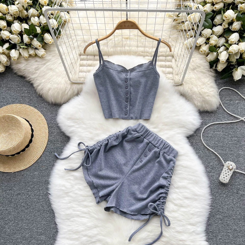 

2022 Summer Fashion Solid Women Suits Tank Crop Tops + Drawstring Bandage High Waist Shorts Female Korean Style Two Pieces Set