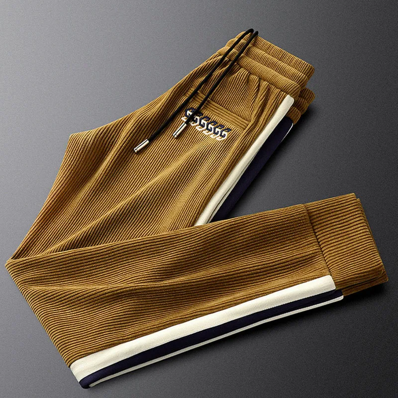 Light luxury side ribbon corduroy pants men's slim warm men's casual sports striped velvet trousers winter