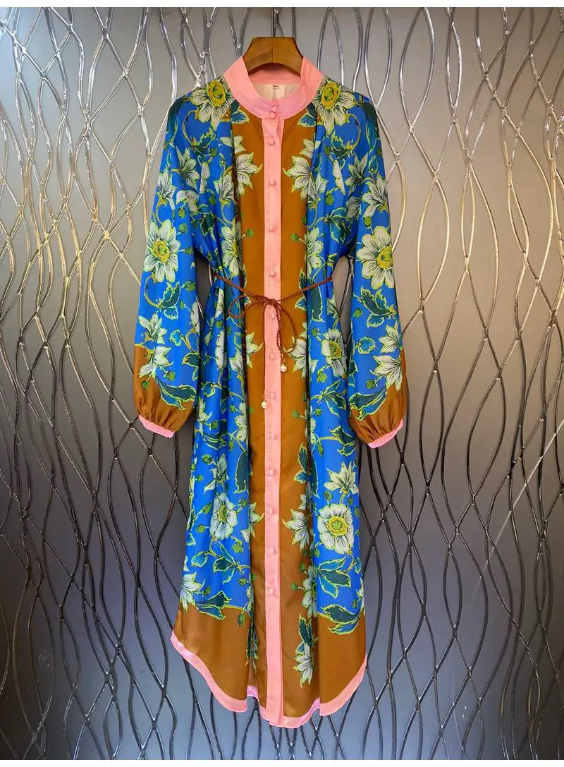 

Женское платье-трапеция с цветочным принтом, зеленое или розовое платье с поясом-кольцом и длинным рукавом, осень 2022