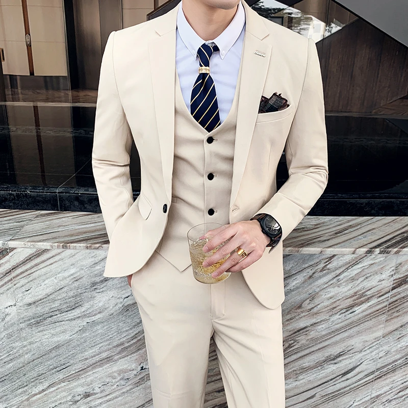 

6XL 7XL (Blazers+Vest+Pant ) Man Korean Slim Fit Custom Groom Wedding Dress Casual Business Tuxedo Social Suits Jacket Trousers