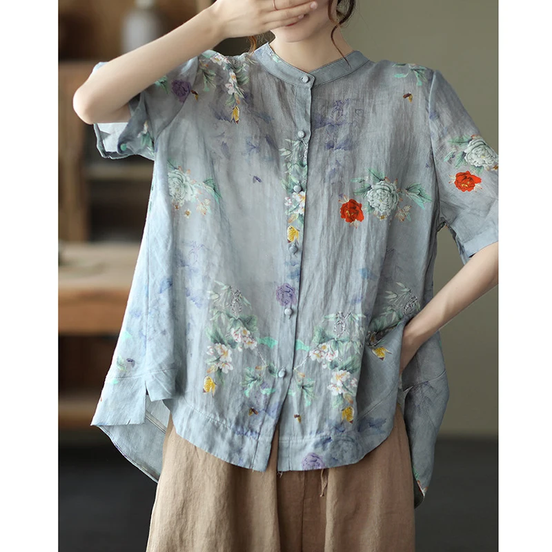 2022 Summer New Arts Women Short Sleeve Stand Collar Loose Shirt Vintage Flower Print Cotton Linen Blouse Female Tops C246 |