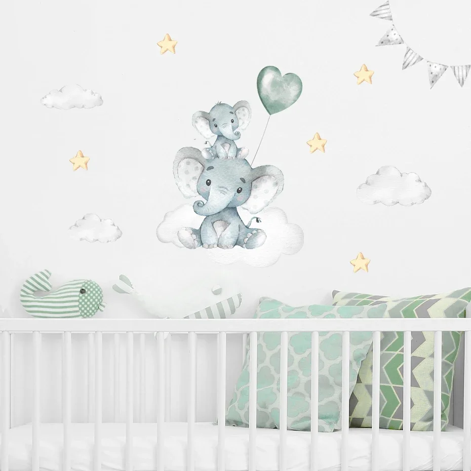 Акварельные Мультяшные Слоны луна звезды синие фотообои художественные Плакаты