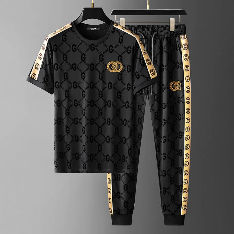 

Роскошный брендовый стильный комплект из футболки, летние мужские модные красивые брюки с лентами, повседневные брюки из двух предметов