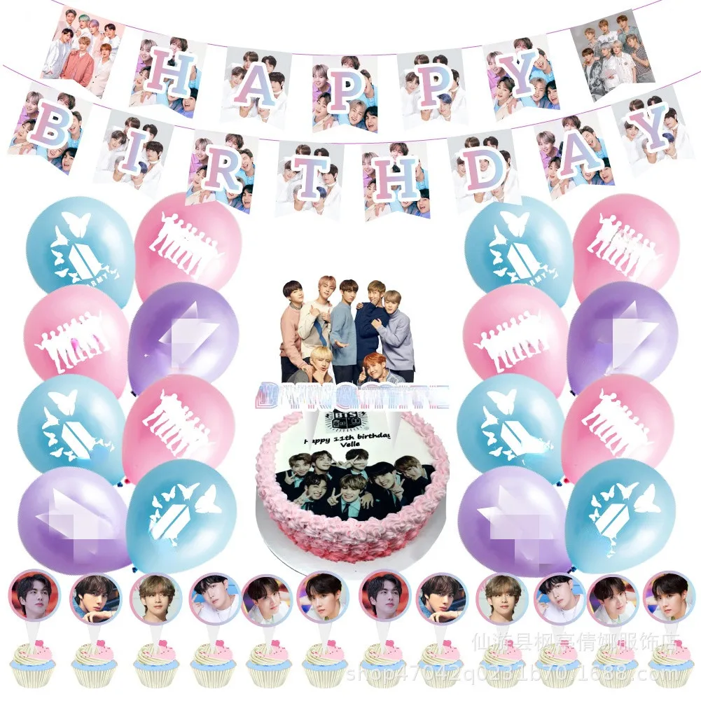 

Korean Pop Popular Boys Group Youth Group Theme Birthday Party Decoration Pull Flag Card Balloon Cake Topper Party Supplies