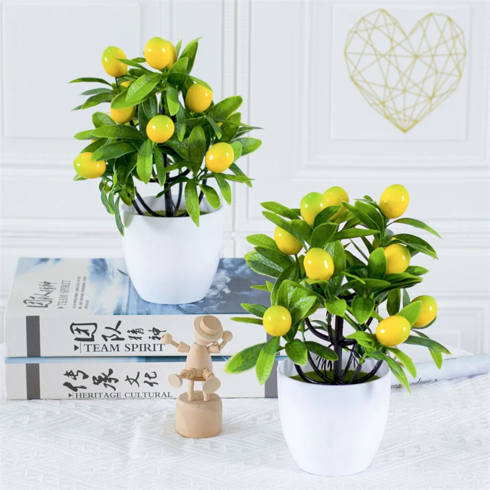 

Artificial Lemon Tree Bonsai Fake Flower Potted Garden Yard Ornaments Plastic Simulation Fruit Plant Pot Landscape Home Decor