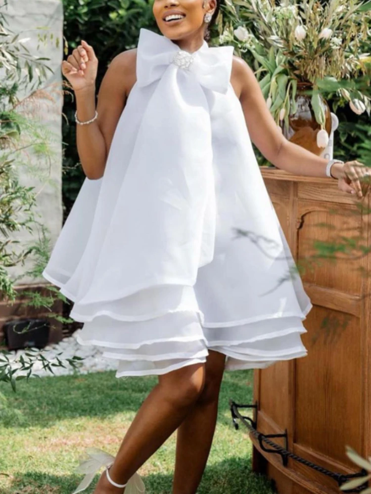 

Summer White Babydoll Dress for Women Cute Bow Neck Layered Tulle Tierred Dress Puffy A Line Sleeveless Party Birthday Club Wear