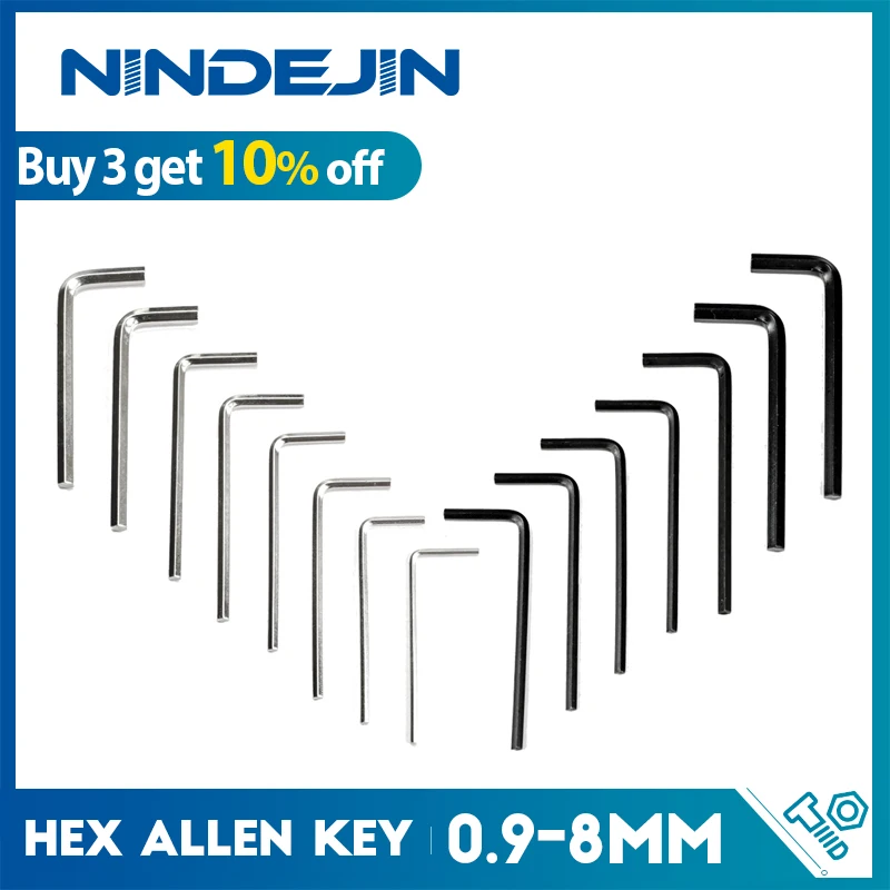 NINDEJIN 2-20pcs L shaped hex hexagon key allen wrench 0.9mm 1.5mm 2mm 2.5mm 3mm 4mm 5mm 6mm 8mm carbon steel allen key