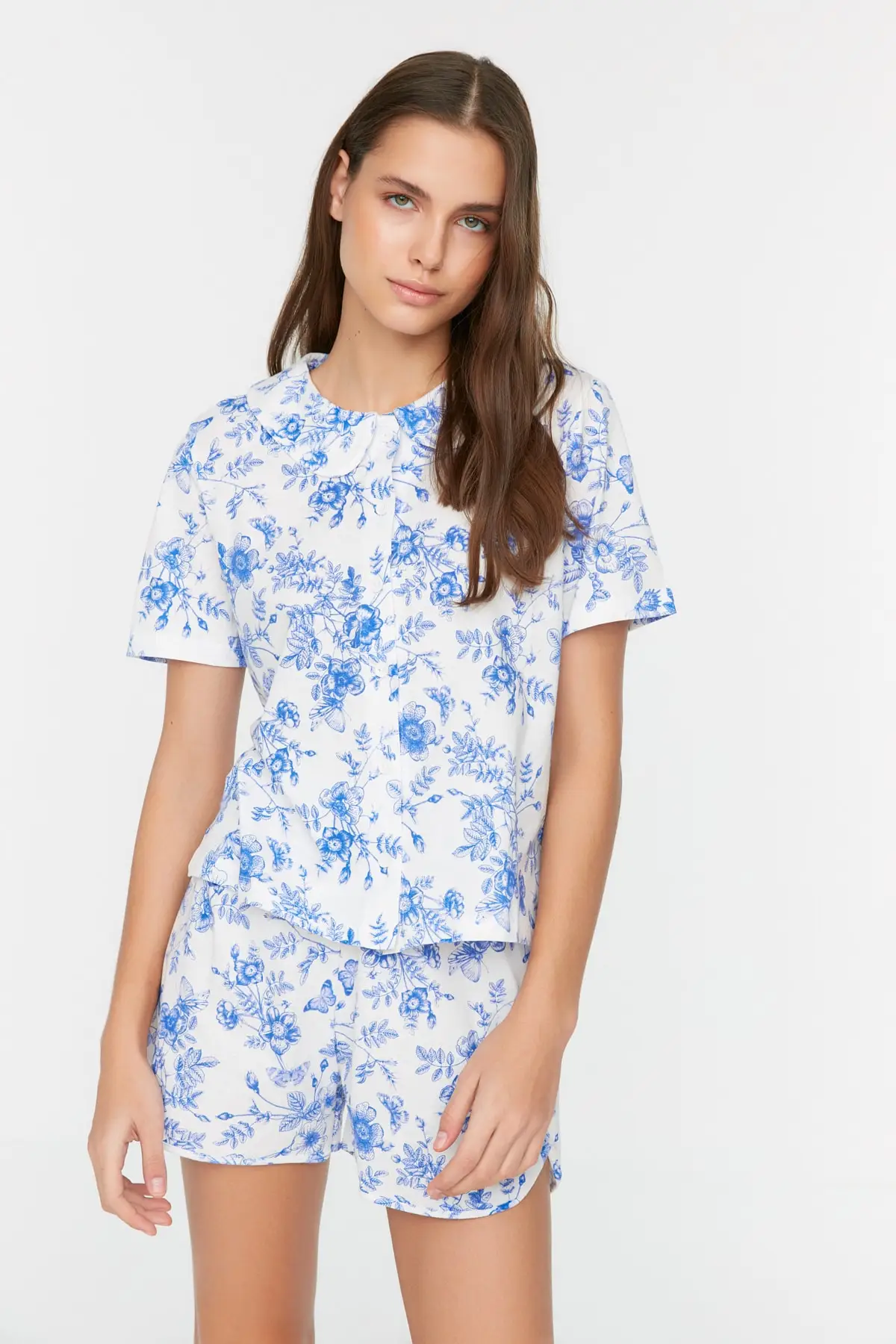 

Women's Pajamas Blue Floral Knitted Sleep Lounge Pajamas Nightwear Sleepwear Night Suit Casual Home Clothing