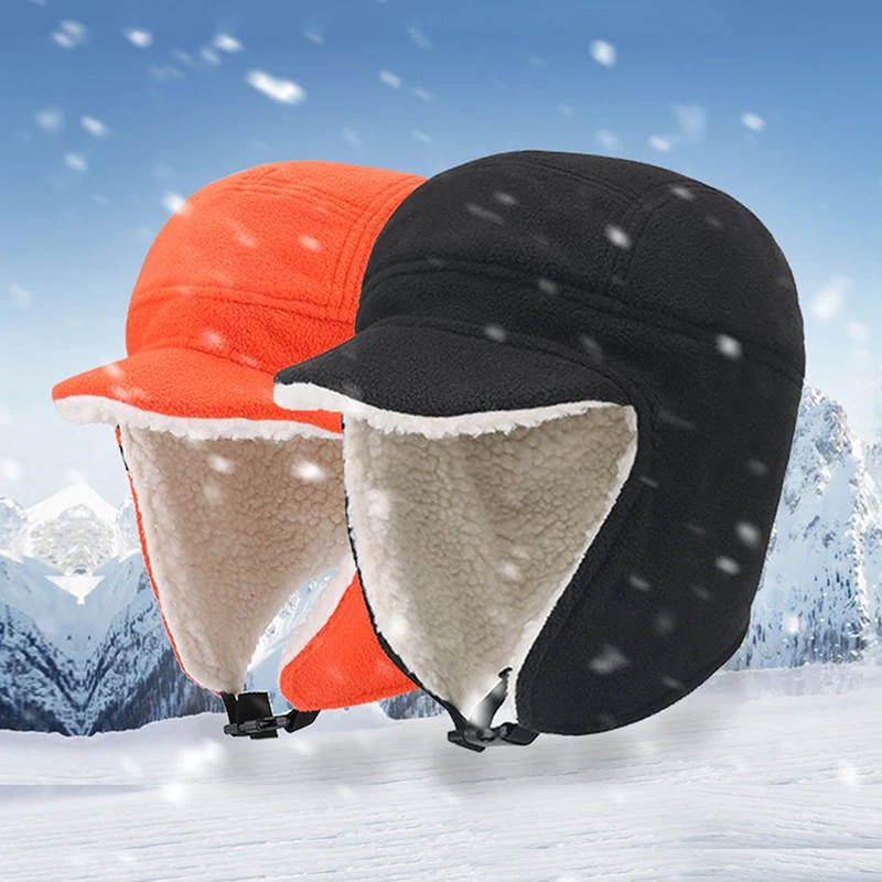 

Men's Women Soft Fleece Warm Winter Hats Sherpa Lined With Visor Windproof Earflap Snow Ski Skull Cap Зимняя Шапка С Ушами