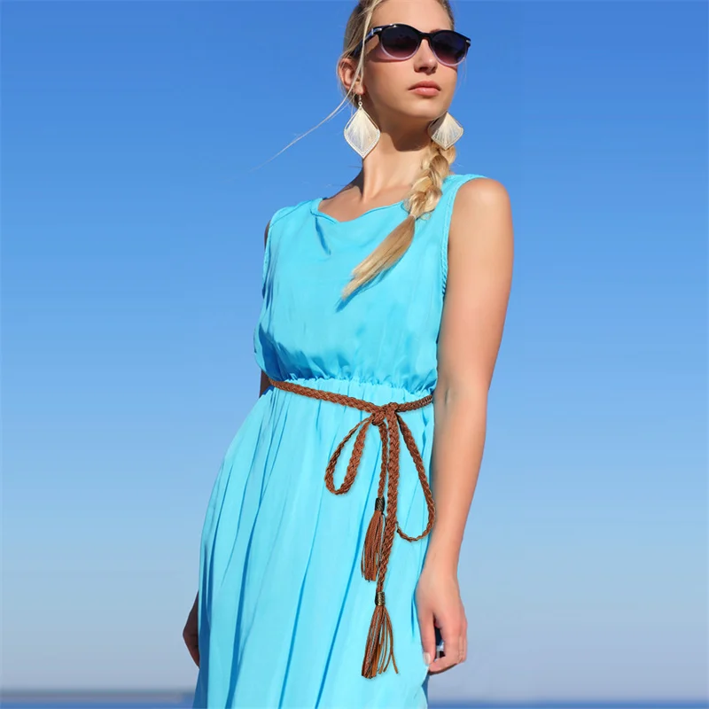

Jovivi 180cm Women Ladies Braided Belt PU Leather Tassel Thin Waist Tassles Rope Belts Waistband Fashion Summer Dress Decor Belt