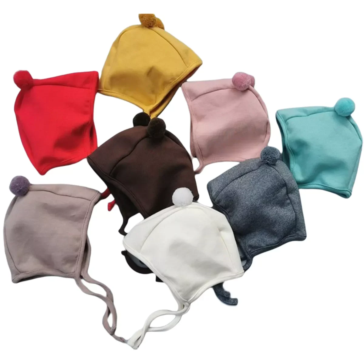 Baby Boy Girl Warm Cap Hat No-Brim Plush Ball Hat Beanie Bear Ears Solid Strap Caps