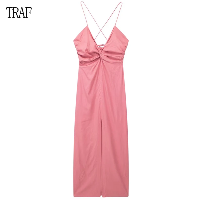 

TRAF Sexy Pink Dress for Women 2023 Summer Linen Blend Knotted Backless Slit Female Slip Midi Dress Fashion Ladies Long Dress