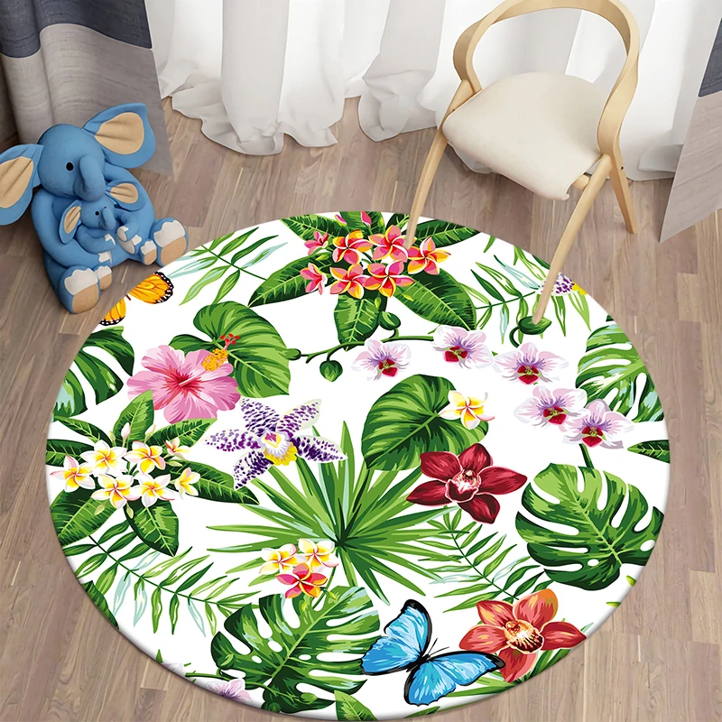 Green Tropical Kawaii Printed Round Carpet Children's Living Room Mat Floor Mat Yoga Mat Bedroom Chair Non Slip Mat NewYear Gift