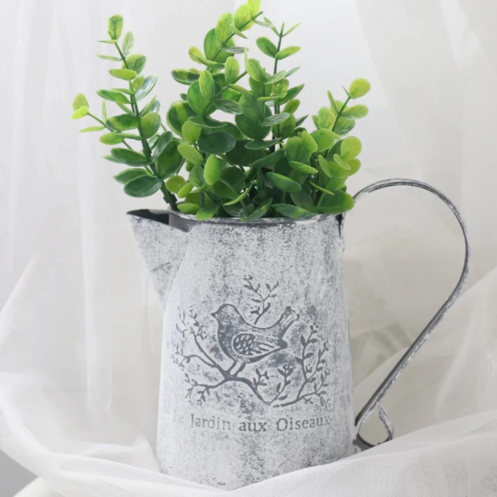Old Vintage Shabby Home Decor Watering Pot Shape Desktop Bird Print Garden Iron Vase Crafts Easy To Store Flower Galvanised | Дом и сад