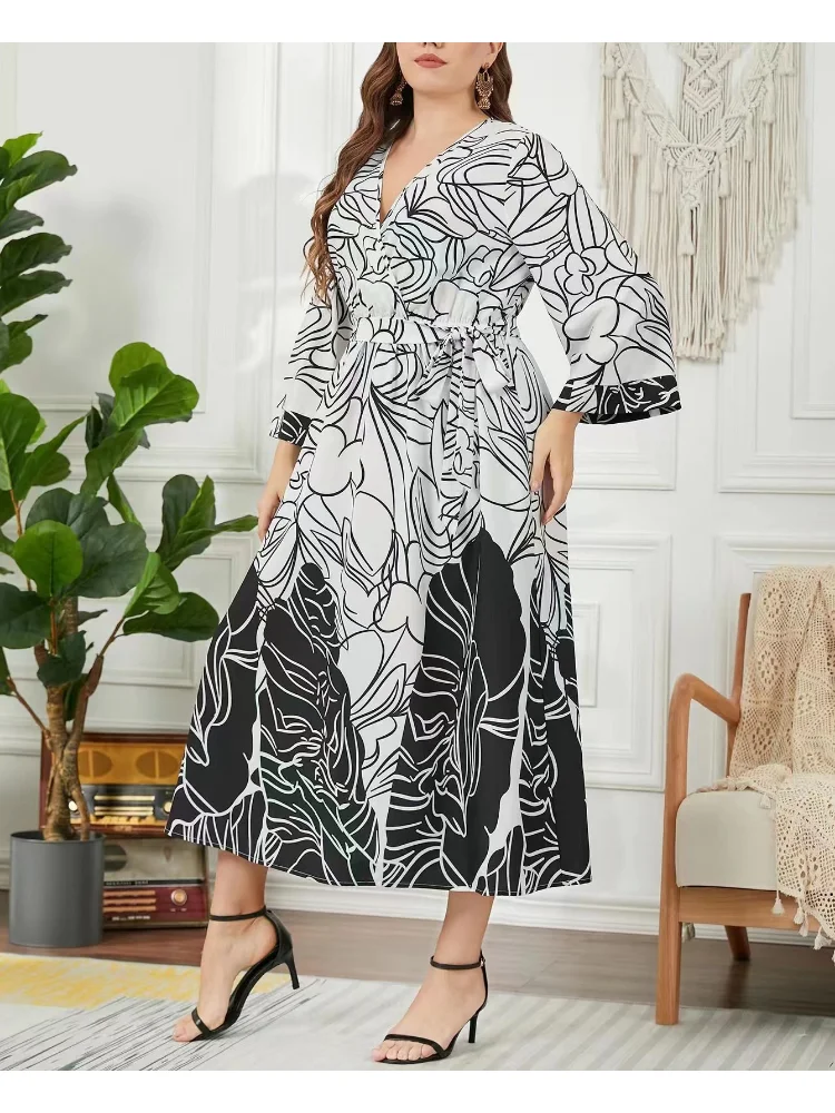 Spring and summer new temperament plus size printed skirt elastic waist dress plus size dress for women