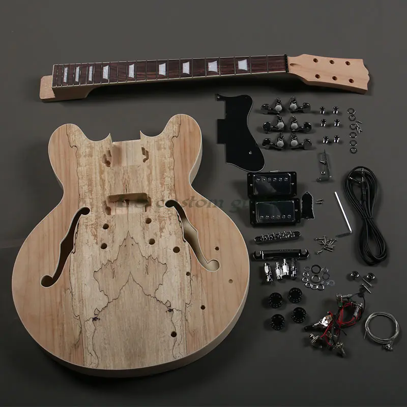 

Unfinished Semi-Hollow F Hole Electric Guitar For 335 DIY Kits Spalted Maple Top Unpainted Body Neck Build Your Own Fast Ship