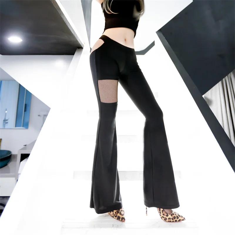 

Dating Outdoor Couple Girlfriend Street Sexy Slim Tight Korean High Waist Irregular Hole Flared Pants Trousers bell bottoms M4SI