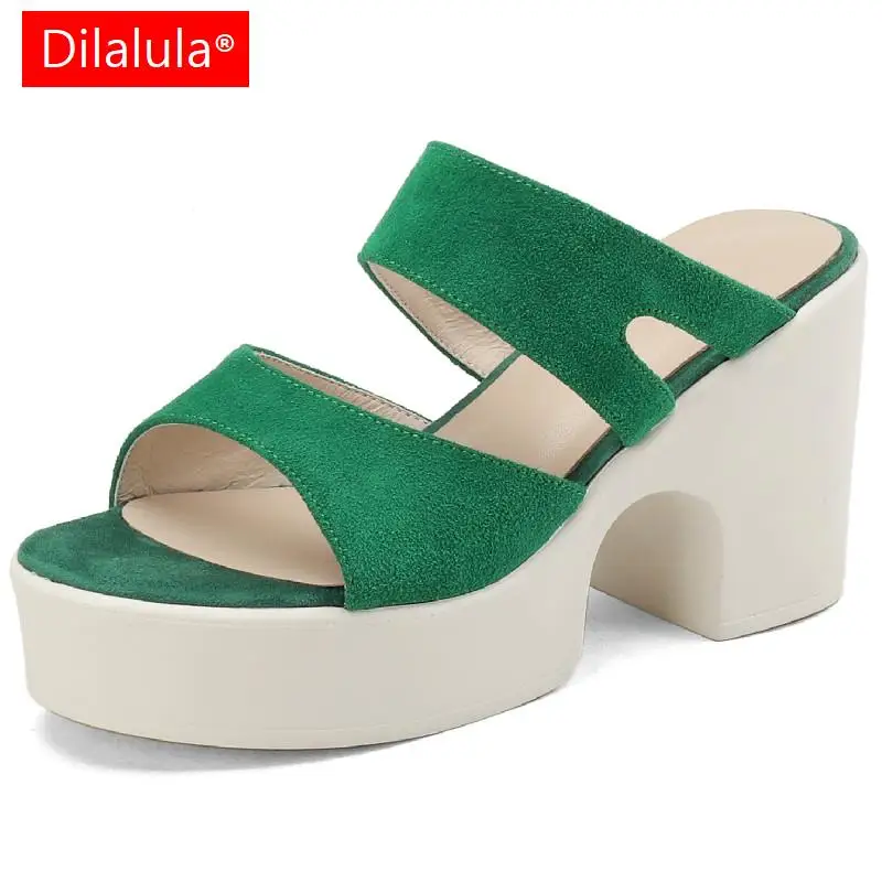 

Dilalula 202 Fashion Women Sandals Kid Suede Leather Thick Heels Slippers Platform Spring Summer Mules Ladies Green Shoes Woman