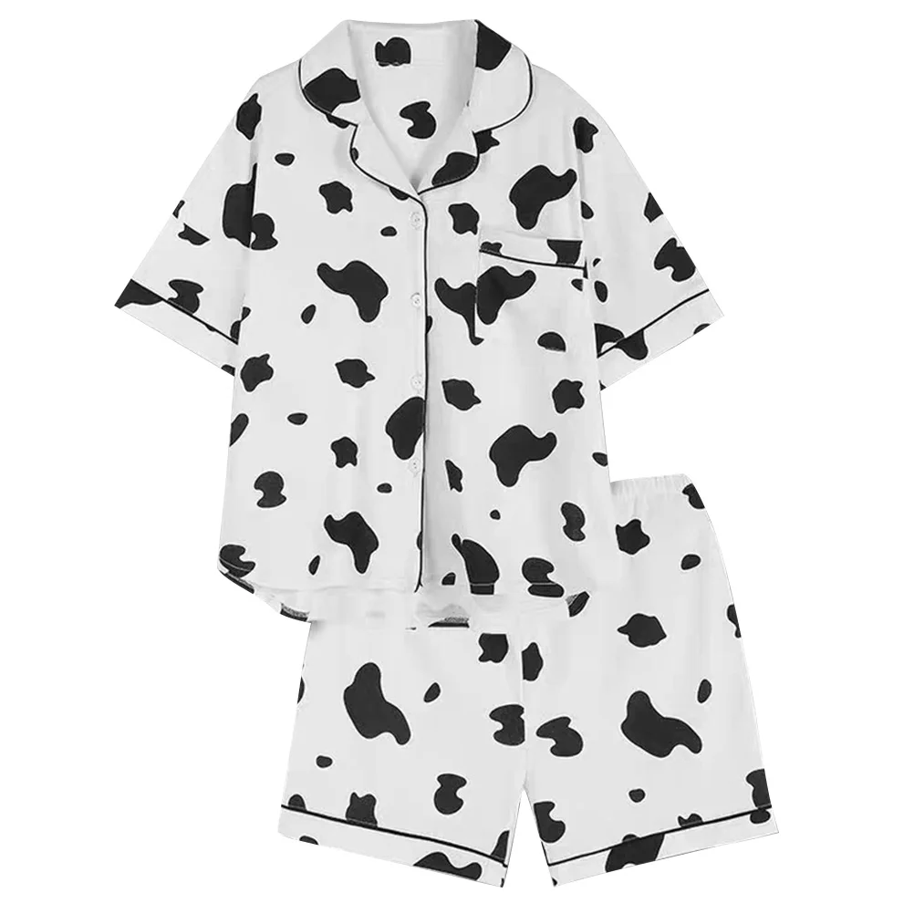damska bawełniana koszula nocna damski zestaw piżam dwuczęściowy nadruk z krową bielizna krótkim rękawem odzież codzienna zapinana na guziki