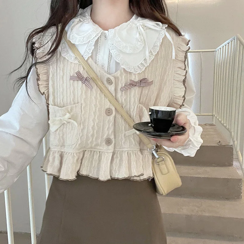 

Rachel Knitted Sweater Vest Women Japanese Style Sweet Patchwork Pullover Vest Female Korean Fashion Bow Knitwear 2022 New