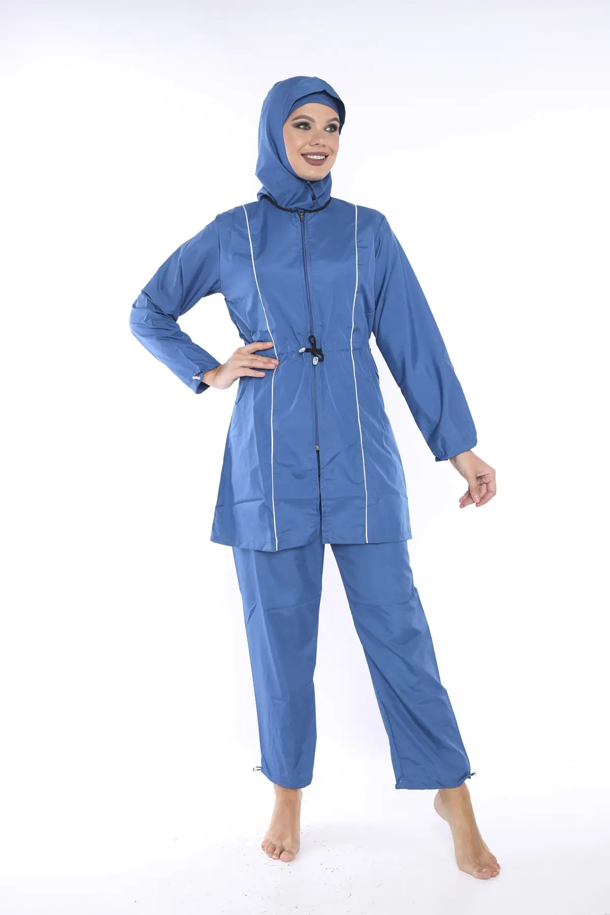 

Zipper Does Not Hold Water Piping Dark Mavi Hijab Swimwear, Haşema Set Plain Color Full Indoor Cycling Neck Beach Clothing