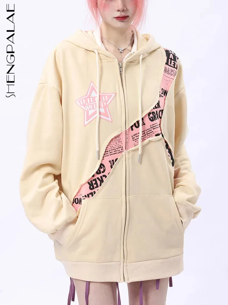 

SHENGPALAE большой лоскутный милый крутой свитер на молнии с принтом звезд, куртка весна осень зима 2023 новый для женщин 5R6606