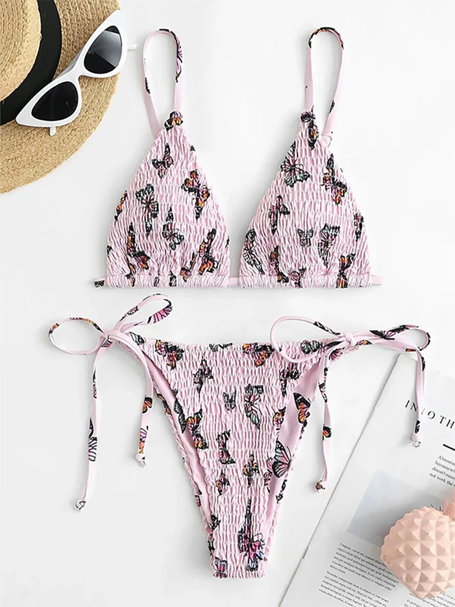 

Sexy Bikini Push Up Brazilian Swimwear Butterfly Print Swimsuit Ruched Bikinis Women Tied String Bathing Suit Pleated Beach Wear