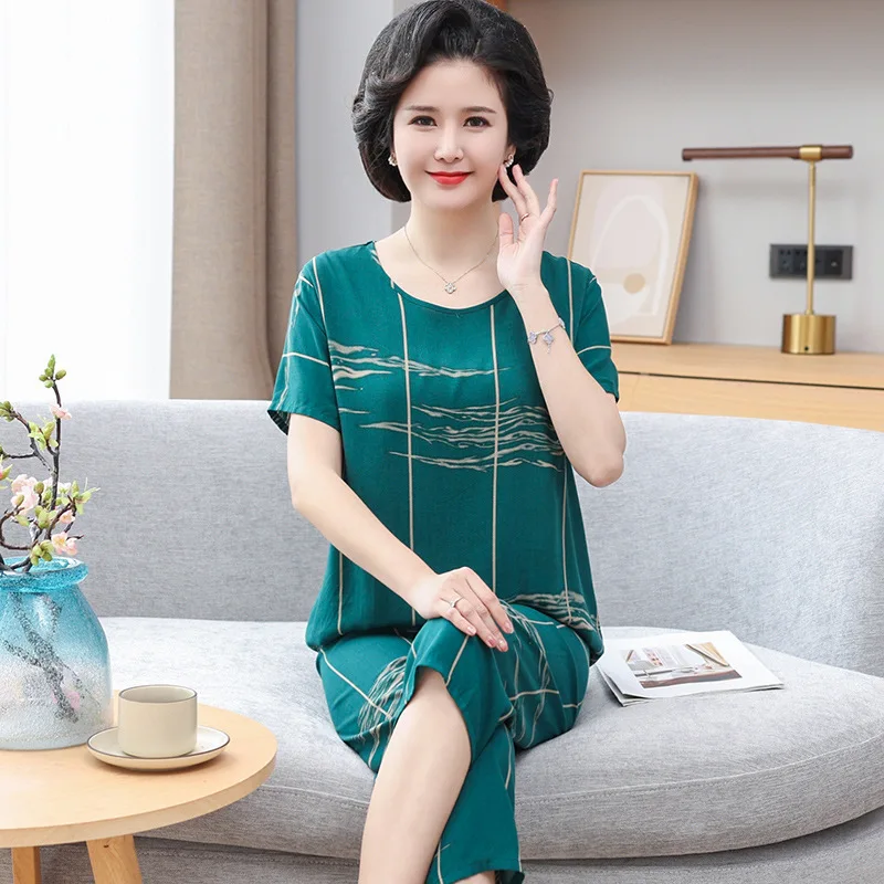 

New Cotton Silk Home Pajama for Ladies High Quality Fashion Pajama Suit Casual Short-sleeved Two Pieces Set Women Large Size 5XL