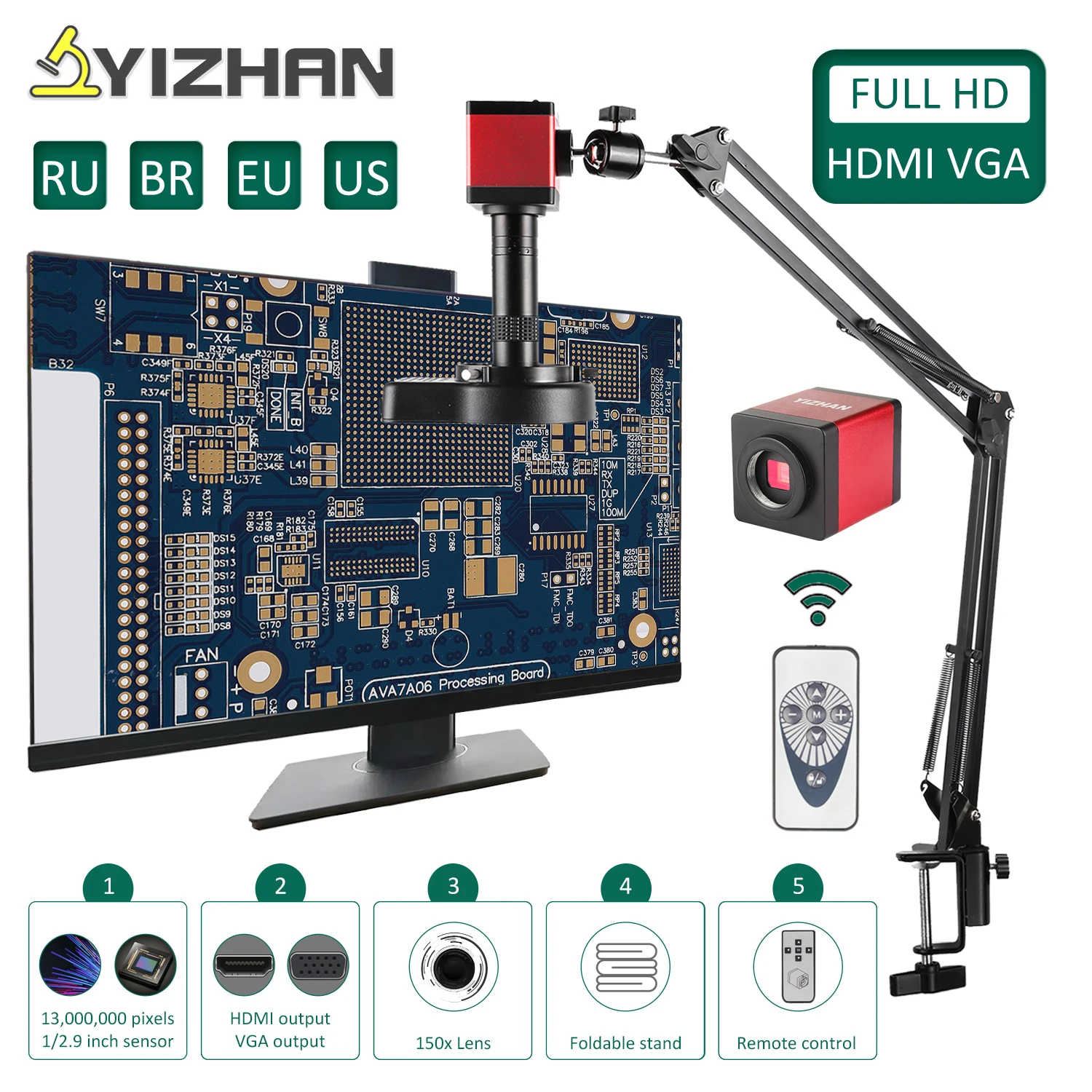 Фото YIZHAN 1080P VGA HDMI порт Full HD камера промышленный микроскоп зум 150X объектив Регулируемая металлическая подставка Кронштейн для пайки №1