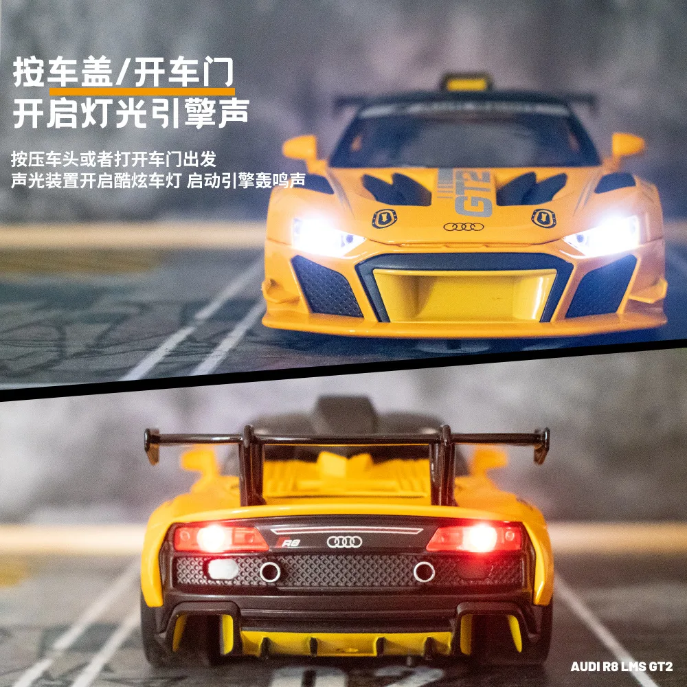 

1:24 Audi R8 LMS GT2 race track version Diecast Metal Alloy Model sports car Pull Back Sound Light Car Children Gift Collection