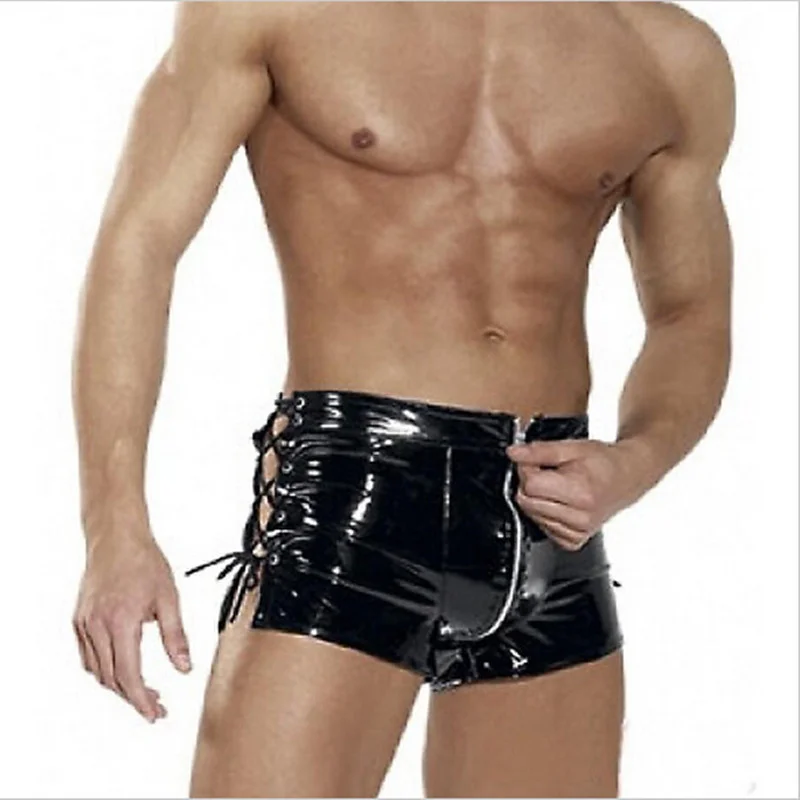 

2018 Men's Black Sexy Tit Leater Latex PVC Sorts Men Patent Leater Micro Mini Sorts Pole Dance ip-op Drawstrin otpants