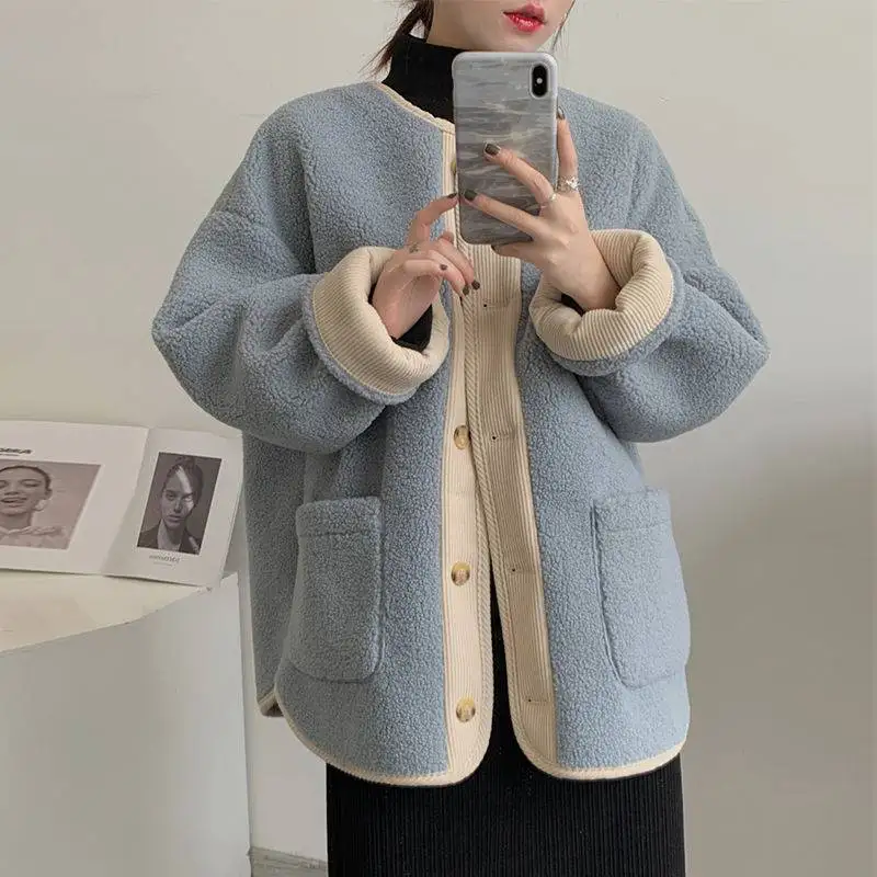 

Винтажное зимнее пальто в стиле пэчворк из овечьей шерсти, Женская Корейская однобортная теплая свободная флисовая куртка с круглым вырезом, уличная женская верхняя одежда
