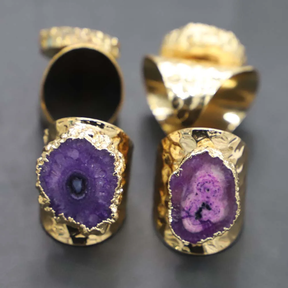 

Raw Stone Purple Irregualr Gold Color Open Sunflower Agate Ring Druzy Quartz Adjustable Charm Finger Jewelry Gift Wholesale 4Pcs