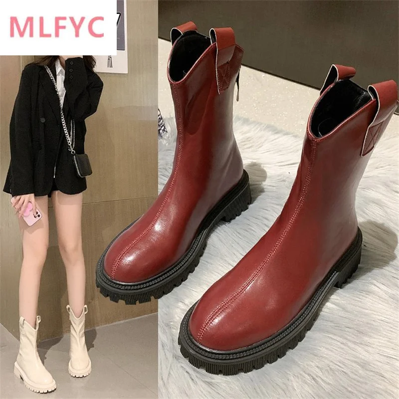 

Thick Sole Thin Boots Women's 2022 New Round Toe Back Zipper Short Boots Versatile Beige Chelsea Boots