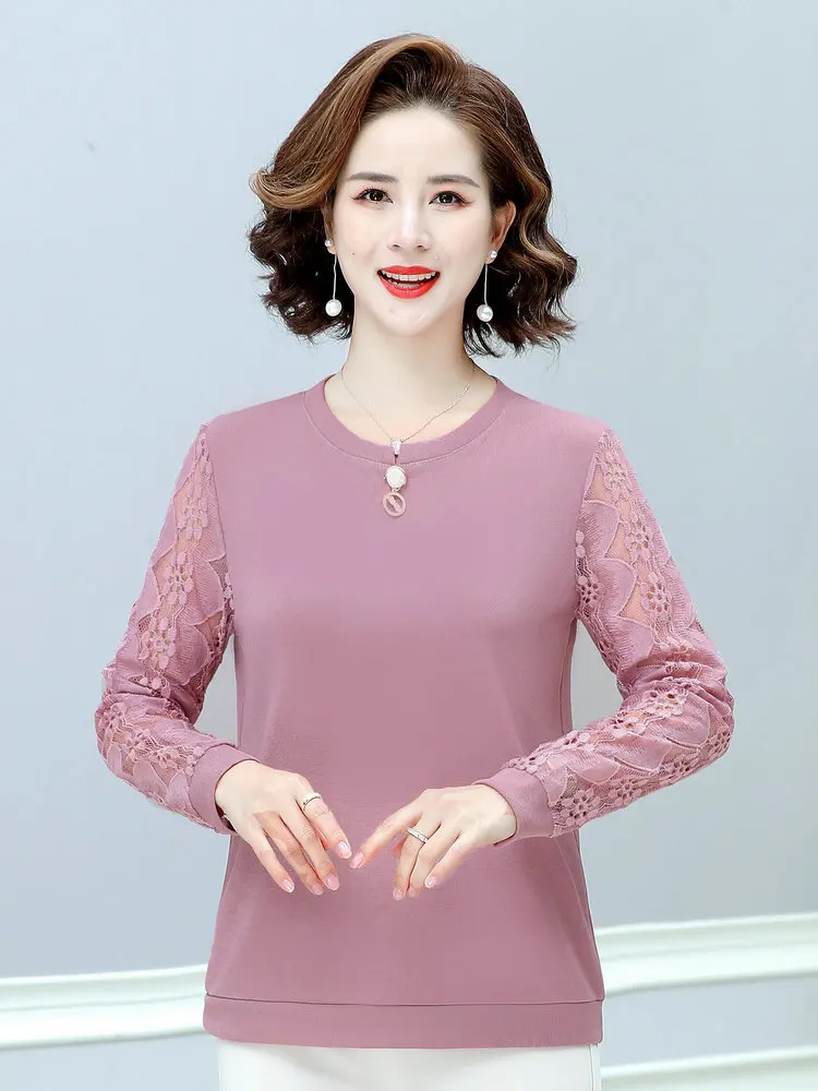 2022 Весенние фиолетовые зеленые блузки для зрелых женщин кружевной контрастный