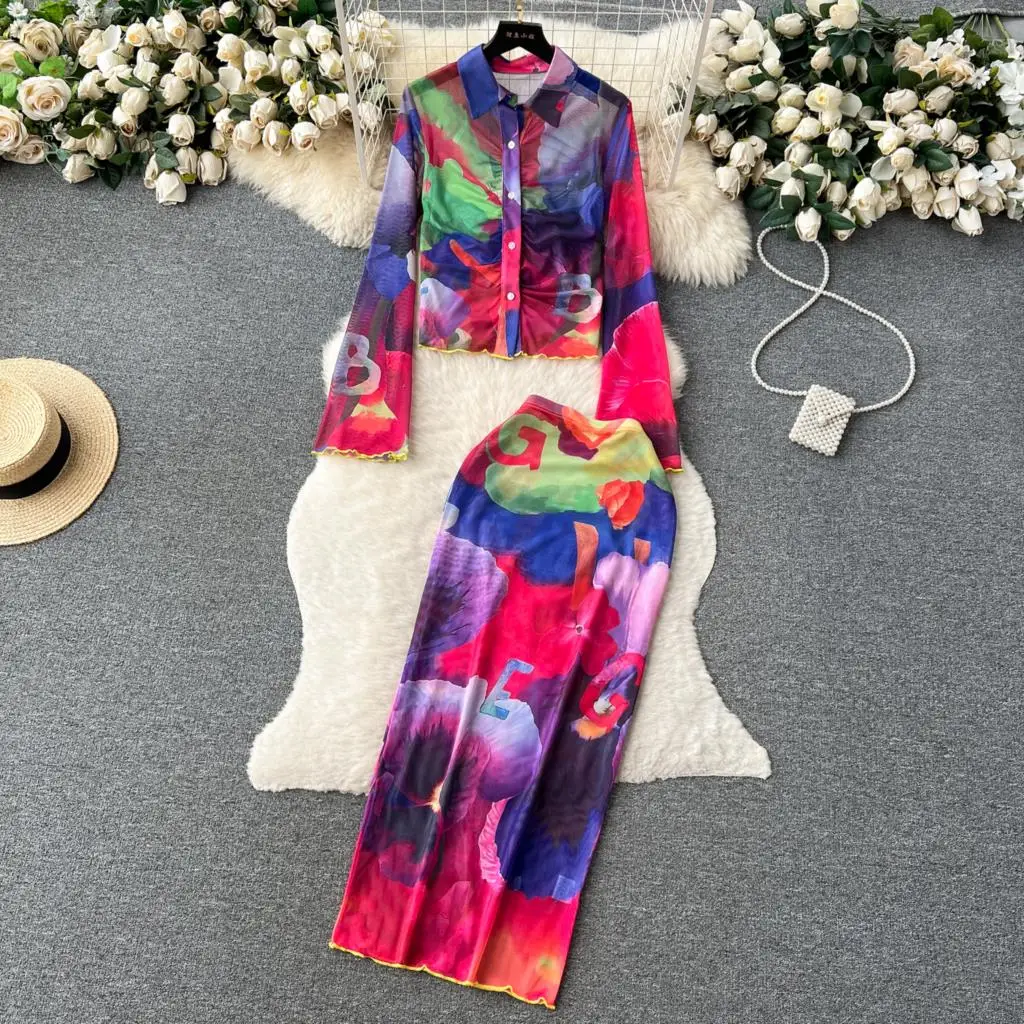 

New Fashion Tie-dye Skirts Suit Women Elegant Slim Shirts Tops Bodycon Saya 2 Pieces Set Female Party Sexy Evening Outfits