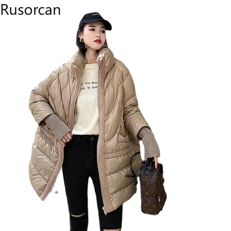 

Женский пуховик средней длины Boutique, трикотажный пуховик средней длины со стоячим воротником и рукавами с резьбой, с круглым вырезом, пальто на белом утином пуху 90