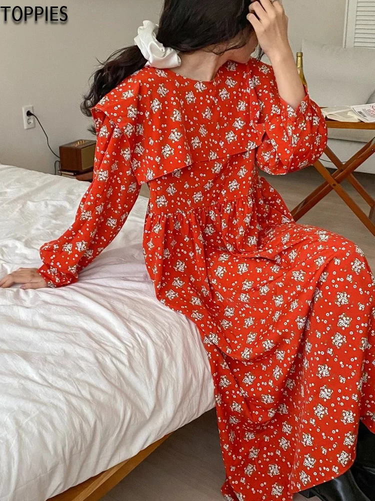 

Dress Western Style Age Reduction Large Lapel Floral Folds High Waist Loose Long Puff Sleeve Dress Female