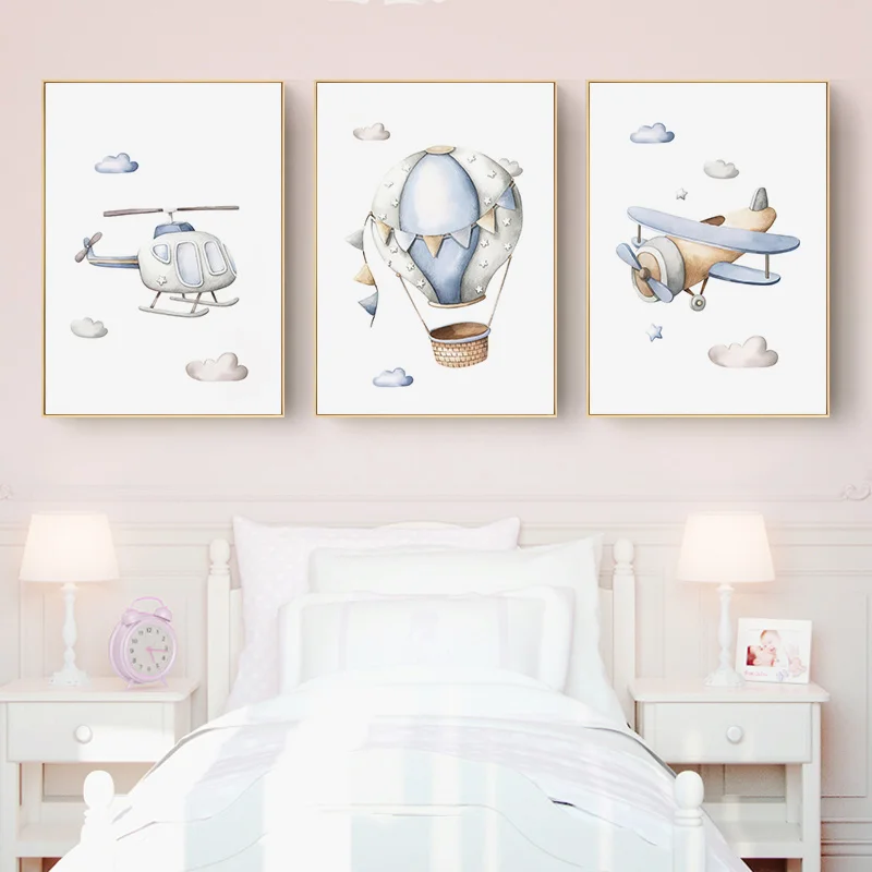 

Helicopter Airplane Nursery Wall Art Hot Air Balloon Print Poster Nordic Pictures Kids Room Decor Air Vehicle Canvas Painting