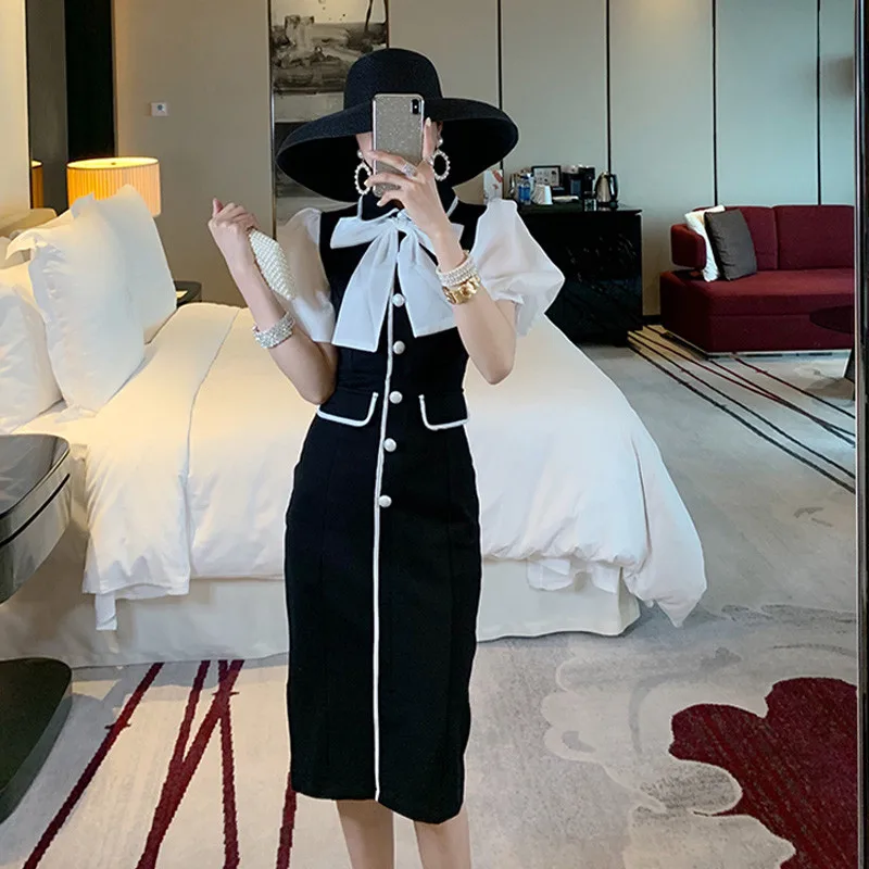 

Summer Dress New Fashion 2021 Women's Peter Pan Collar Puff Sleeve Bow Patchwork Pearl Button Elegant Knee-length Black Dress