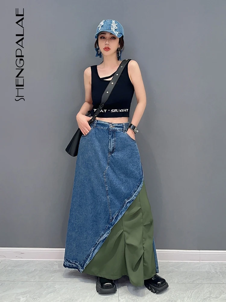 

SHENGPALAE Fashion Women's Denim Skirt Patchwork Contrast Color Elastic Waist A-line Ankle Length Skirts Summer 2023 New 5R4182