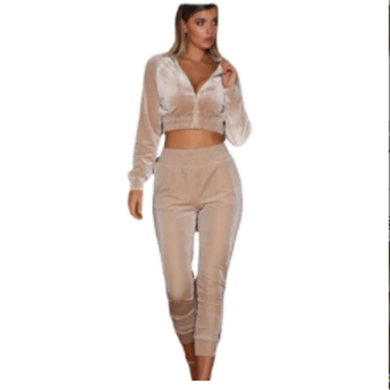 

Sportwear Set Women 2022 Velvet Fabric New Solid Color Zip Waist short Sweater Top Tie-feet Sport Pant Two-piece Ladies clothing