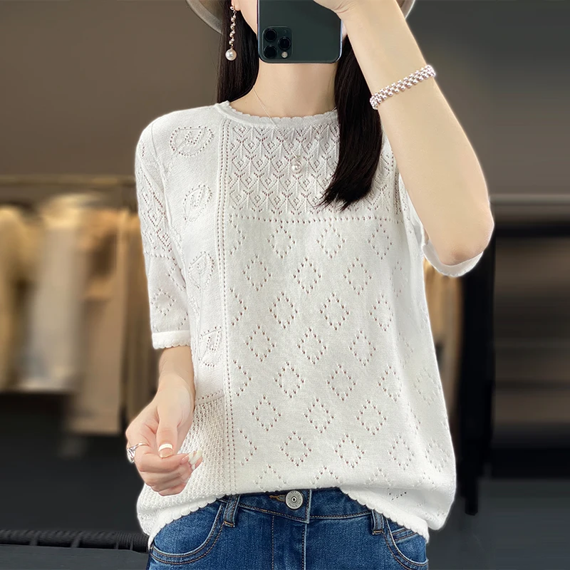 

Women's T-shirt Summer Pure Cotton Sweater Short Sleeve Casual Hollow out Knit Crew Neck Ladies Top Blouse Overside Pullover Tee