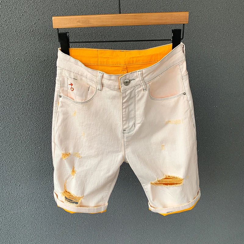 

New High Quality Fashion Men Khaki orange stretch denim Shorts Summer thin Ripped biker Jeans Short Male Bermuda Brand Clothes