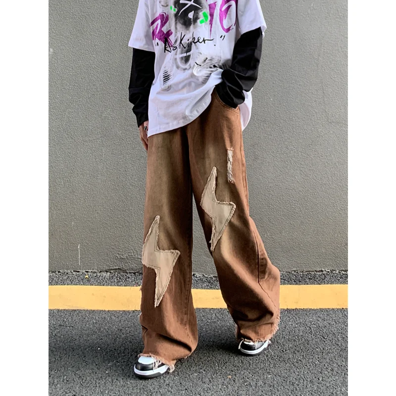 Men's Wear New Pattern Recreational Vintage Nostalgia Brown Jeans Straight Cylinder Loose Applique Street Trousers Autumn Female